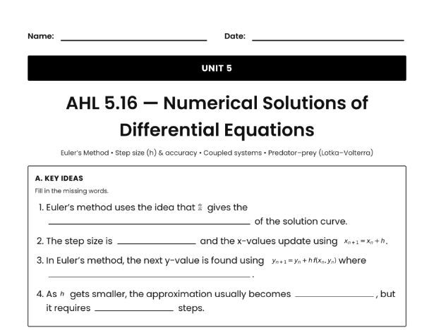 IB Math AI Worksheet AHL 5.16 - Numerical Solutions of Differential Equations