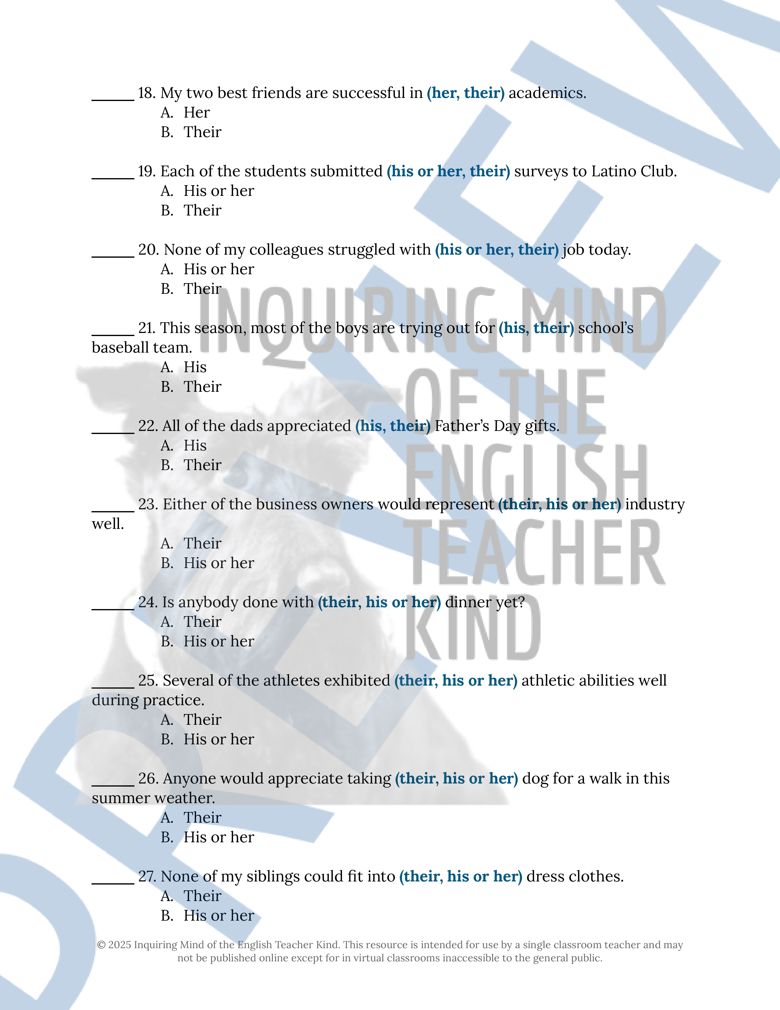 Grammar Practice Worksheet on Pronoun-Antecedent Agreement | Teaching ...