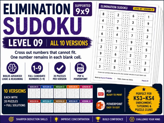 Elimination Sudoku Level 9 Bundle | 10 Versions | 200 Advanced 9×9 Logic Puzzles