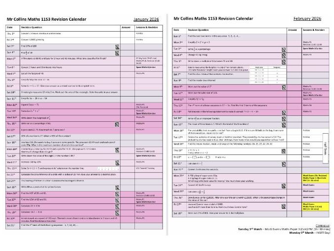 Jan-Feb 2026 Revision Calendars (Maths)