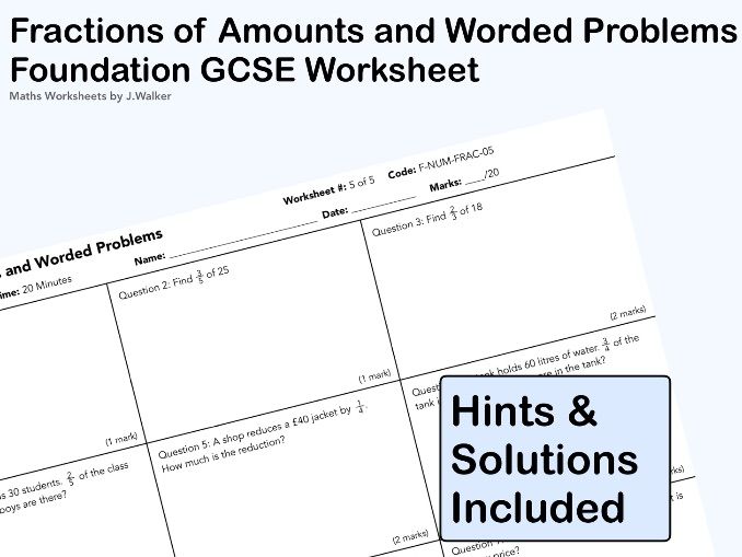 GCSE Maths Worksheet: Fractions of Amounts and Worded Problems - Foundation Tier