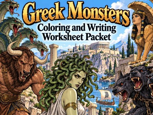 Greek Monsters Coloring & Writing Worksheet Bundle (24 Assignments)