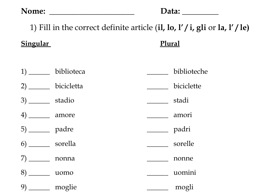 Italian Articles | (il,lo,l',la,un,uno,una) Worksheet