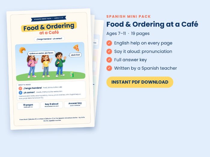 Spanish Food and Ordering at a Café Worksheets: Menus and Role-Play, with Answers (KS2)