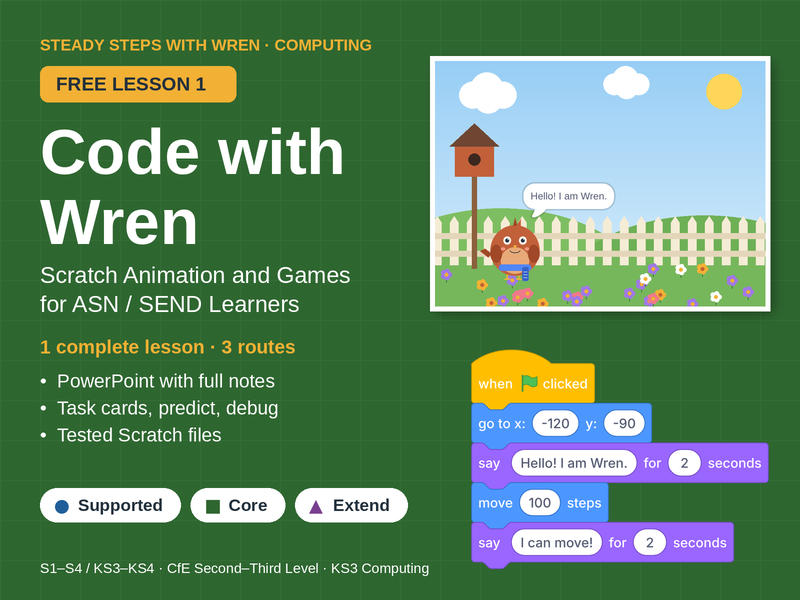 FREE Code with Wren Lesson 1: Scratch for ASN/SEND Learners (Meet Wren)