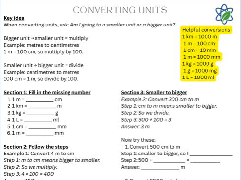 Unit Conversions Worksheet / KS3 Year 7 |/Scaffolded Practice + Answers/ Maths / Science / Key Skill
