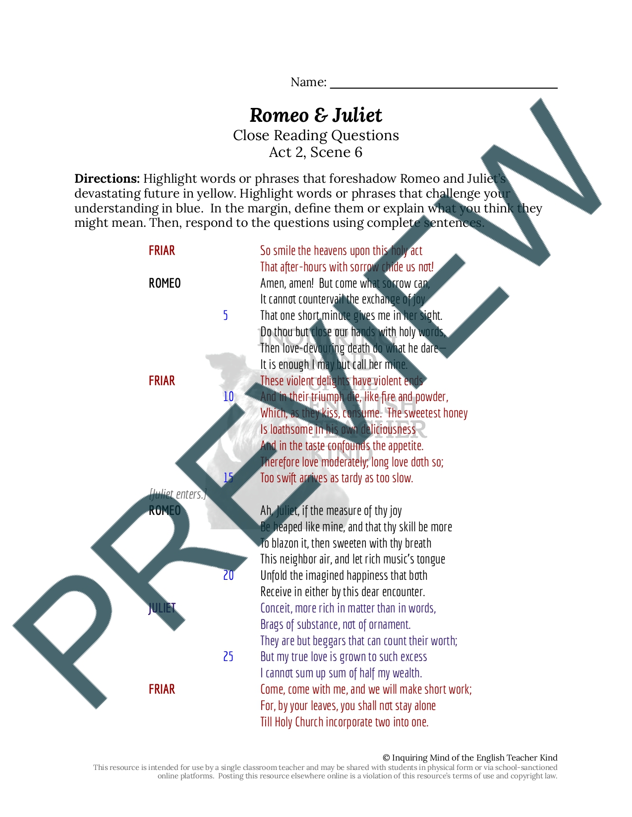 Romeo and Juliet Act 2 Scene 6 Close Reading Worksheet | Teaching Resources