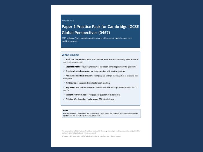 Cambridge IGCSE Global Perspectives 0457 Paper 1: Screen Use & Water Scarcity Papers + Answers