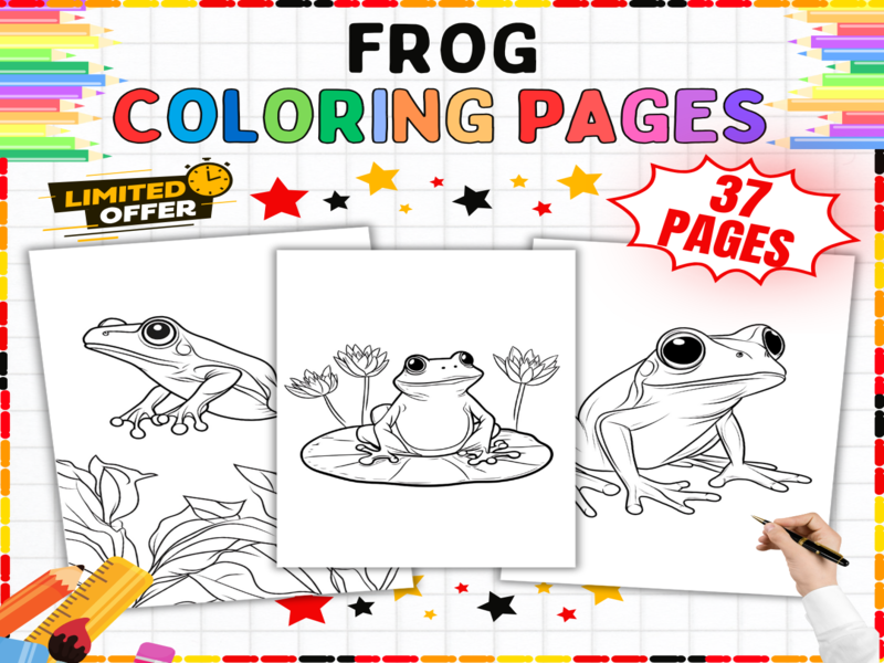 Frog Coloring Pages | Cute Amphibian Art Activity Worksheets for Kids | Fine Motor Skills Practice