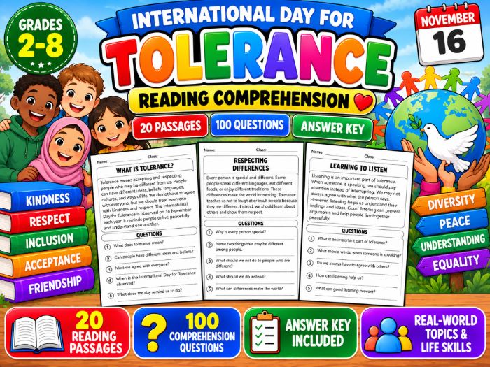 International Day for Tolerance Reading Comprehension | 20 Passages, 100 Questions & Answer Key