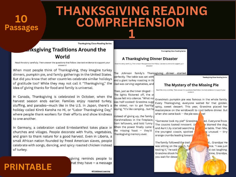 Thanksgiving Reading Comprehension Passages 1