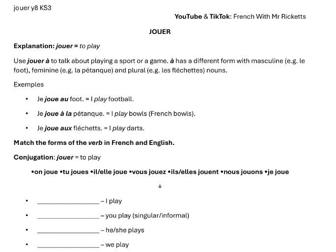 sport 1 - jouer worksheets Y8/KS3