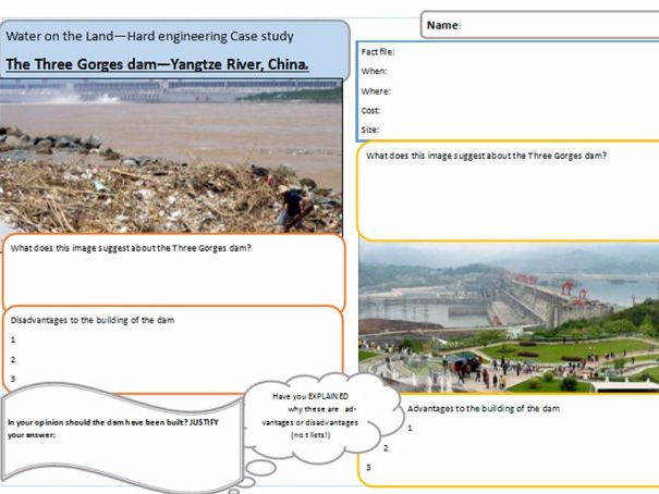 Case study revision task sheets with accompanying notes - Water on the Land/ Rivers - AQA & EdExcel