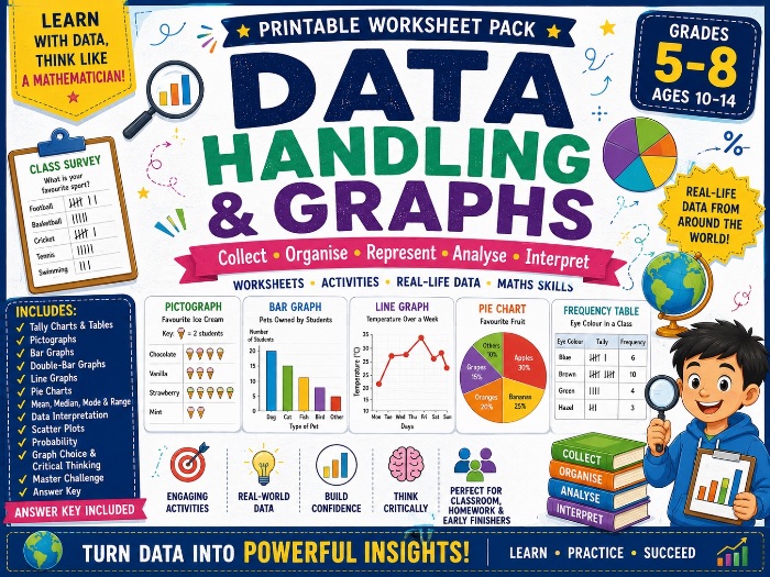 Data Handling & Graphs Worksheets | Bar Graphs, Pie Charts, Line Graphs, Statistics & Data Analysis