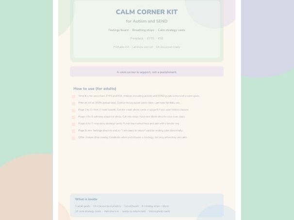 Calm Corner Kit Autism SEND, Feelings Board Breathing Strips Strategy Cards EYFS KS1