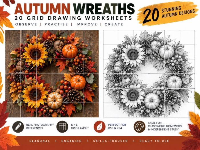 Autumn Wreaths Grid Drawing Worksheets | 20 Seasonal Art Activities | KS3 & KS4