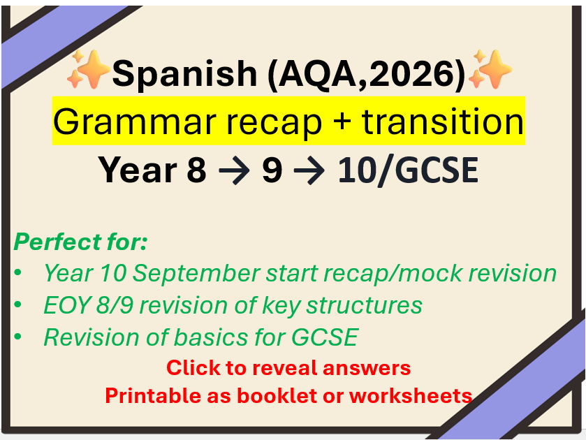 GCSE Spanish Grammar Recap & Revision: KS3 to Year 10 Transition | Booklet / Worksheets(AQA,2026)