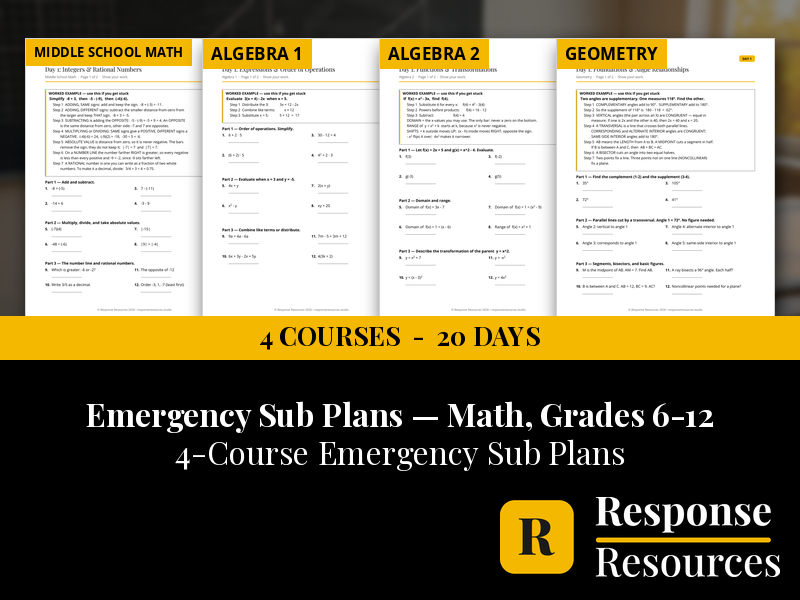 Math Emergency Sub Plans BUNDLE - 4 Courses Grades 6-12, 20 Days No Prep