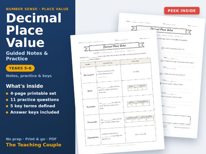 Decimal Place Value Sketch Notes & Practice + Answer Keys