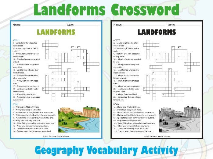 Landforms Crossword Puzzle Worksheet | Geography Vocabulary Activity