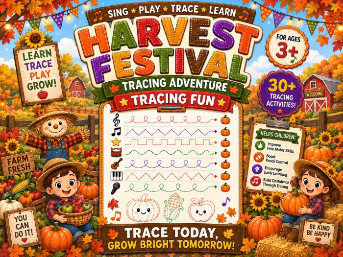 Fall Harvest Festival Tracing Worksheets | Fine Motor & Pre-Writing Activities | Preschool–1st Grade