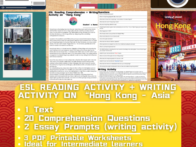 ESL Reading Comprehension + Writing Activity Worksheets on "Hong Kong" - Asia