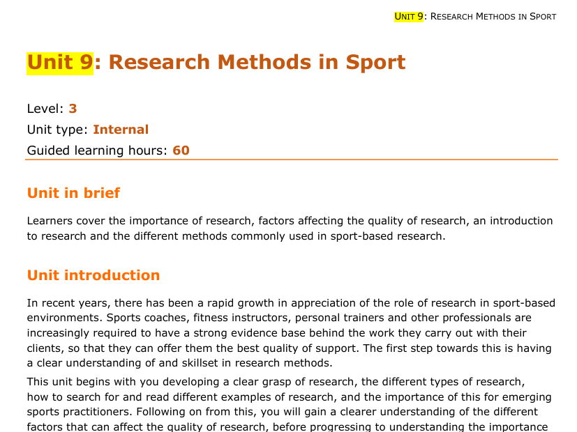 Unit 9 Research Methods in Sport