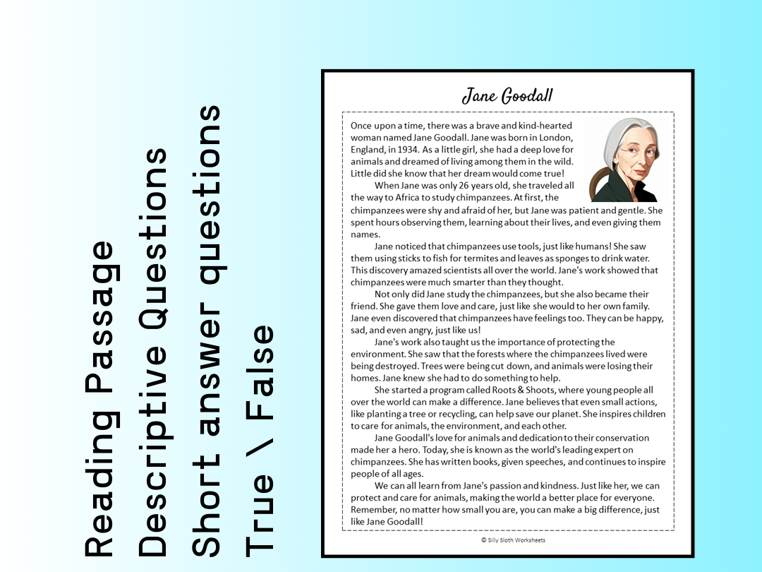 Jane Goodall Biography Reading Comprehension Passage Printable ...