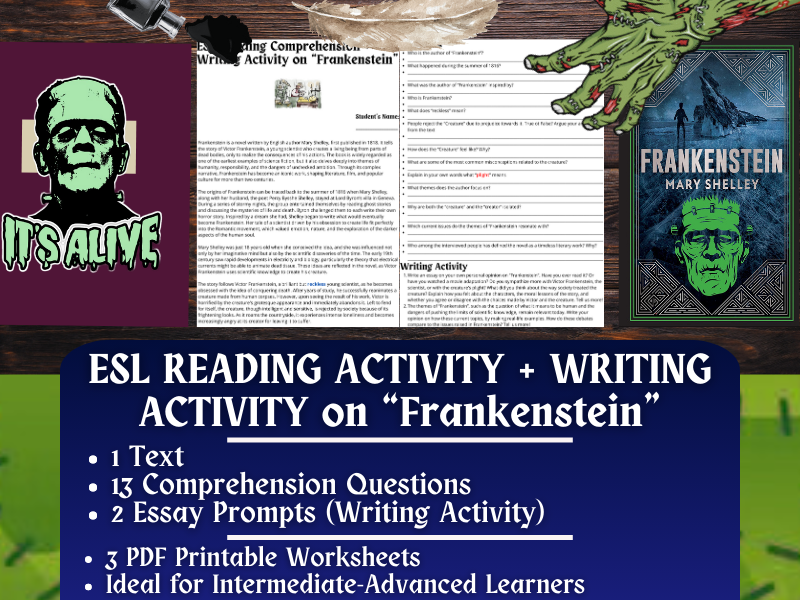 ESL Reading Comprehension + Writing Activity Worksheets on Frankenstein