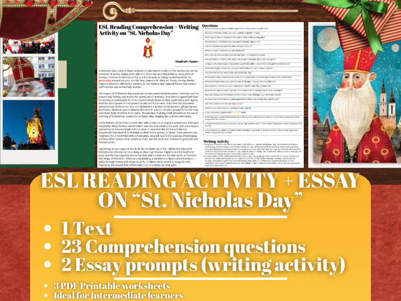 ESL Reading Comprehension + Writing Activity Worksheets - St. Nicholas Day