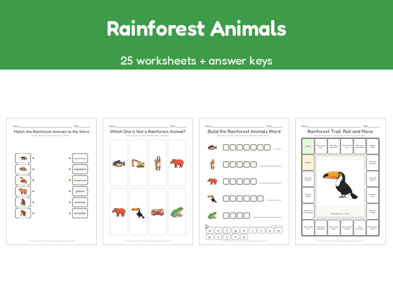 Rainforest Animals | 25 No-Prep Worksheets + Answer Keys | Ages 5-7