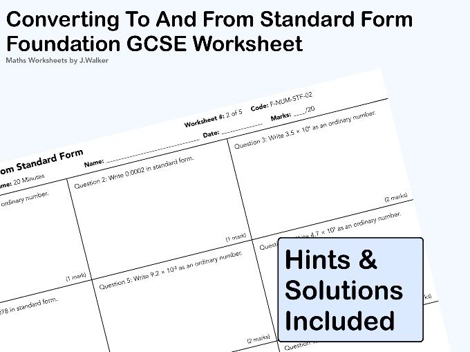 GCSE Maths Worksheet: Converting To and From Standard Form - Foundation Tier