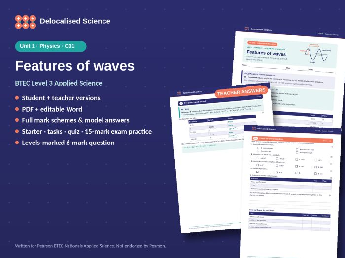 BTEC Applied Science Unit 1 Physics: Features of waves (C01) - worksheet + answers
