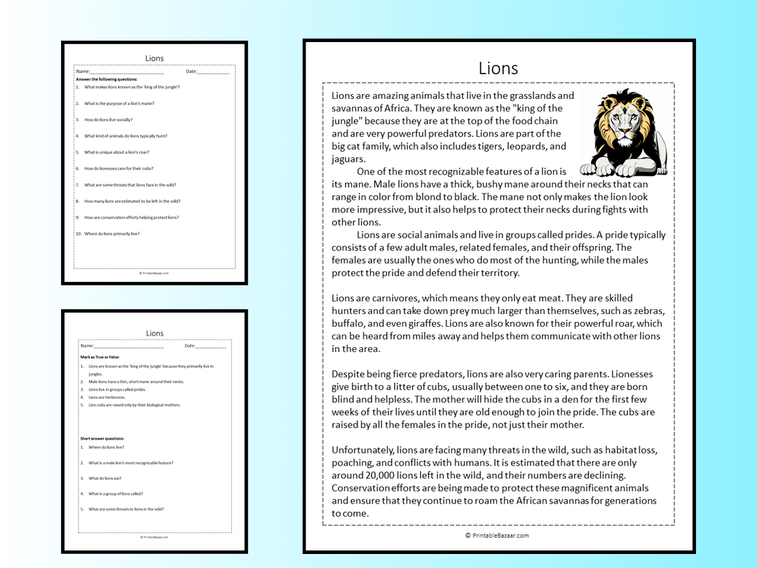 Lions Reading Comprehension Passage Printable Worksheet | Teaching ...