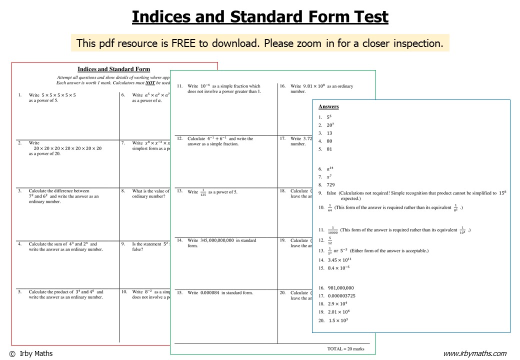 Indices and Standard Form Test Teaching Resources