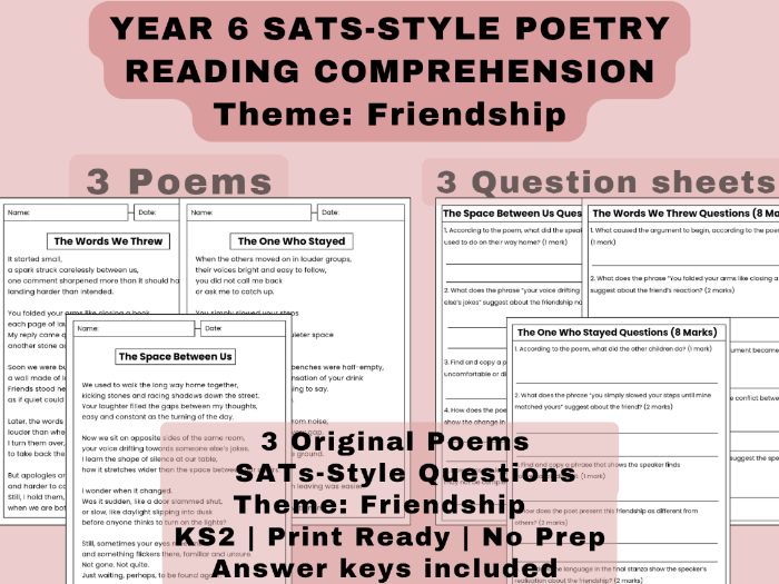 Year 6 SATs Poetry Reading Comprehension Friendship Theme | 3 Poems Questions Mark Scheme KS2