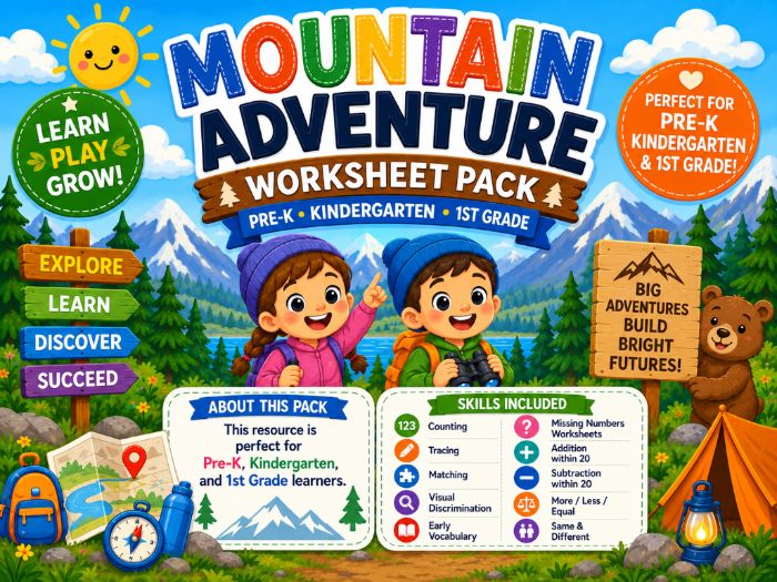 Mountain Adventure Worksheets Pre-K to 1st Grade | Counting, Tracing & Math Activities