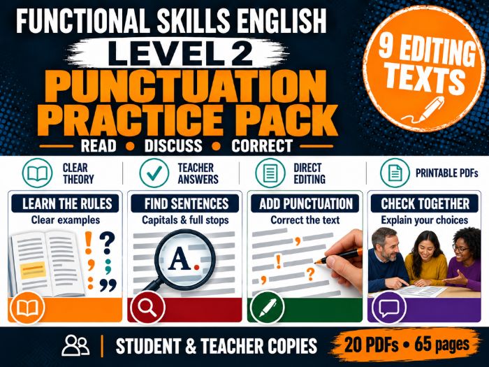 Functional Skills English Level 2 Punctuation Practice Pack: 9 Editing Texts & Teacher Answers