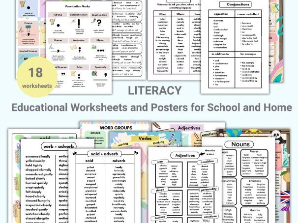Educational Printables x18, Worksheets, Nouns, Adjectives, FANBOYS, Verbs, Adverbs, KS2, Grades 2+
