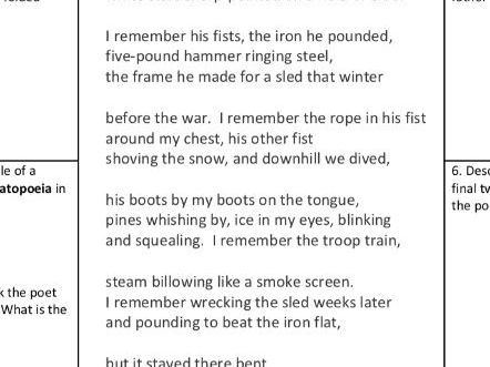 Unseen Poetry analysis worksheet - My Father on His Shield by Walt McDonald