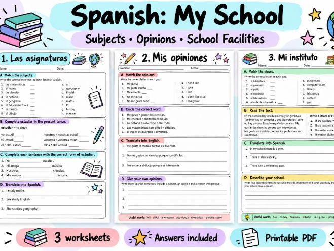 Spanish School Topic Worksheets | Subjects, Opinions & School Facilities | KS3