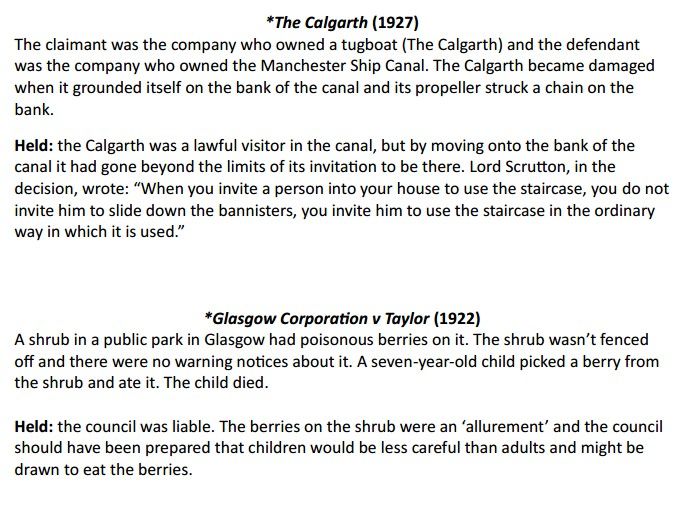Occupiers’ liability - case and statute list for AQA A-level law