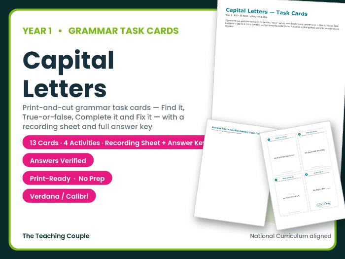 Year 1 Capital Letters Task Cards – 13 Grammar Cards + Answer Key