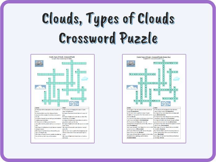 Clouds, Types of Clouds - Crossword Puzzle Worksheet, PDF: Earth Science