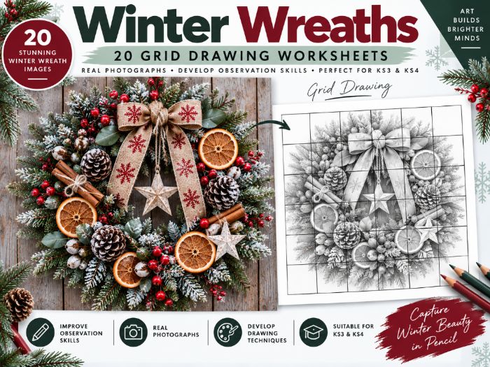 Winter Wreaths Grid Drawing Worksheets | 20 Christmas & Winter Art Activities | KS3 & KS4