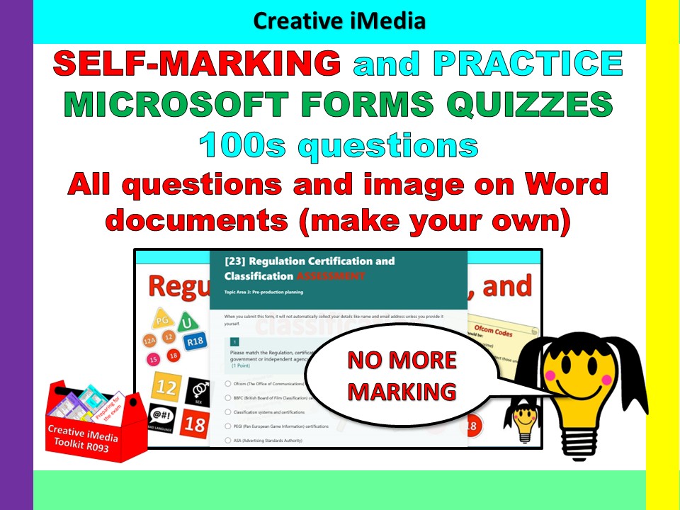 Ready made Self-marking Microsoft Forms Quizzes for the whole iMedia course and resources on Word