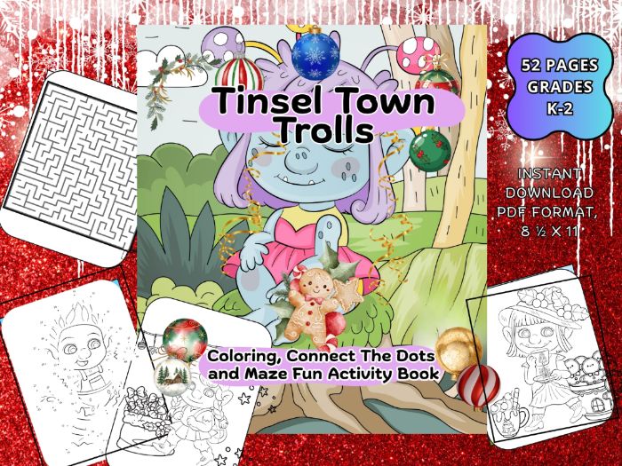 Tinsel Town Trolls Activity Book features easy mazes, holiday troll coloring pages and CTDs