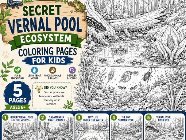 Secret Vernal Pool Ecosystem Coloring Pages for Kids | Summer Nature Coloring (K-Grade 3)