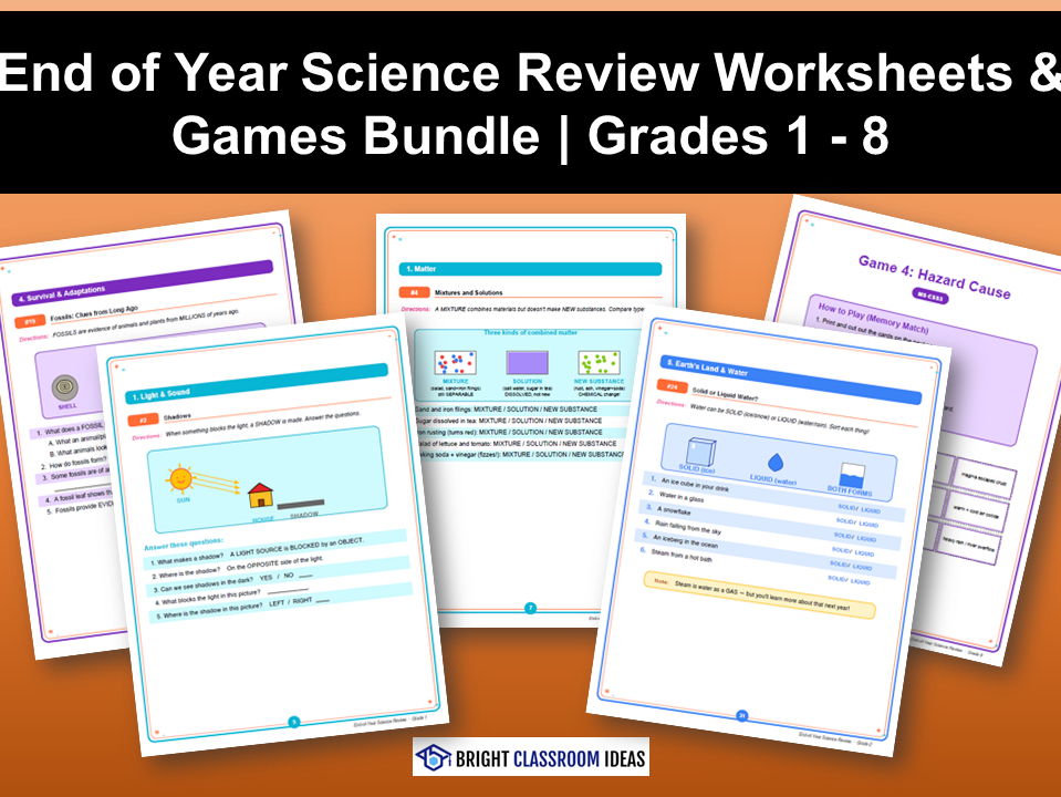 End of Year Science Review Worksheets & Games Bundle | Grades 1 - 8