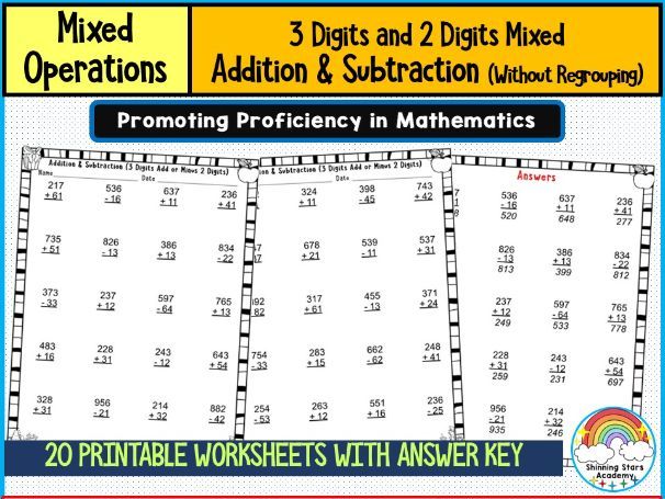 3-Digit and 2-Digit Mixed Addition & Subtraction (Without Regrouping) Worksheets | No Borrowing or C
